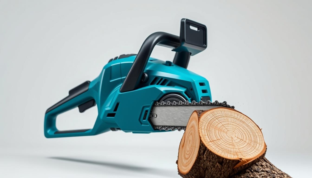 A sleek, high-performance electric chainsaw against a clean, well-lit background. The chainsaw's body is a vibrant shade of electric blue, with sharp metallic accents that catch the light. The chain spins rapidly, its teeth glinting as it cuts through a medium-sized log with ease. The scene conveys a sense of power and precision, highlighting the tool's suitability for versatile cutting tasks. The lighting is soft and even, creating a professional, studio-like atmosphere. The camera angle is positioned to showcase the chainsaw's key features, providing a clear and detailed view of the tool's design and functionality.
