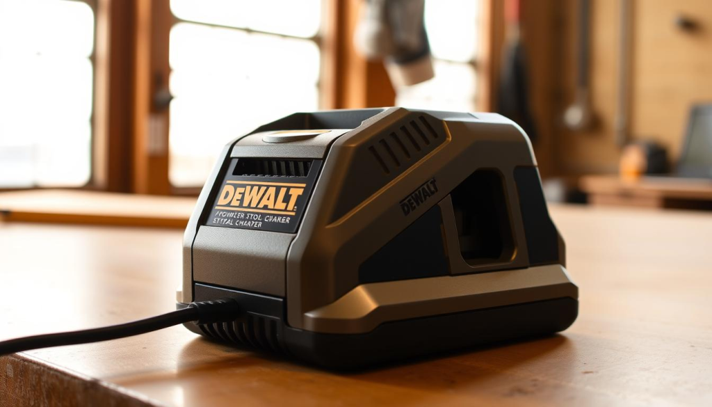 A sleek, high-quality DEWALT power tool charger sits on a clean, well-lit workbench. The charger has a modern, minimalist design with a sturdy metallic body and a prominent DEWALT logo. It is positioned at a slight angle, casting a soft, directional shadow that adds depth and dimensionality to the scene. The background is blurred, creating a sense of focus on the charger itself. The lighting is warm and natural, casting a subtle glow on the charger's surfaces and highlighting its technical features. The overall mood is one of professionalism, efficiency, and the reliable performance that DEWALT tools are known for.