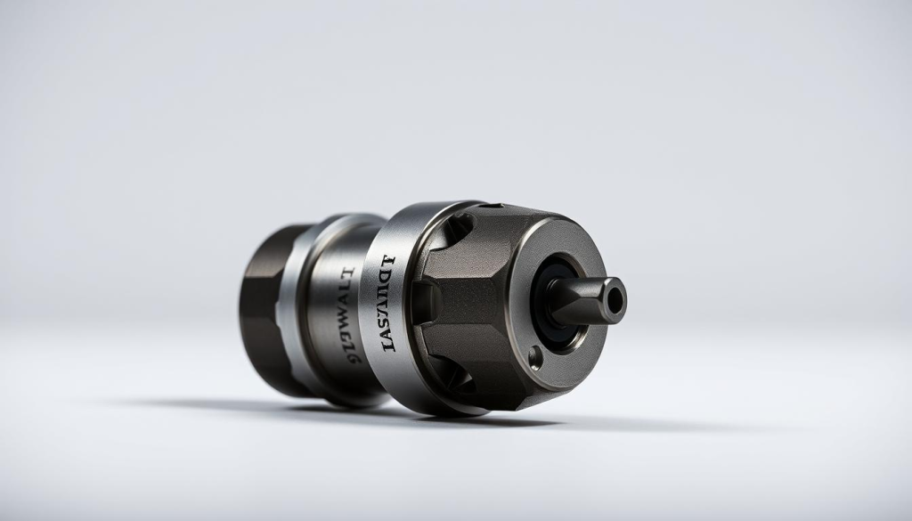 A sleek, high-quality DEWALT quick release bit holder, captured in a well-lit studio setting with a crisp, clean background. The bit holder is positioned prominently in the center, showcasing its sturdy metal construction and precise engineering. The lighting accentuates the tool's glossy, metallic finish, creating a sense of quality and durability. The image is shot from a slightly elevated angle, allowing the viewer to appreciate the tool's form and functionality. The overall composition is balanced and visually appealing, capturing the essence of the DEWALT bit holder's secure and reliable design.