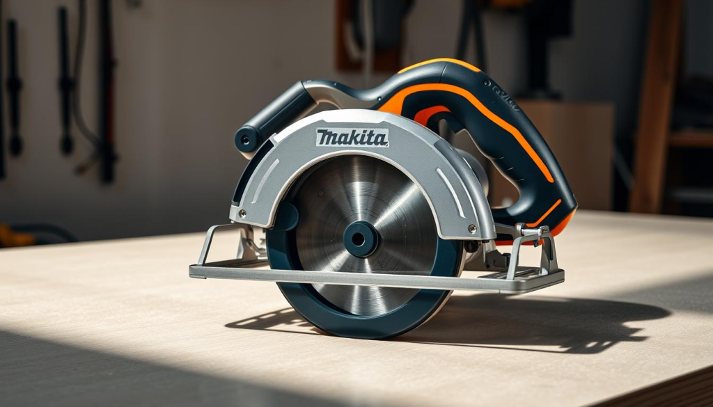 A sleek, high-quality Makita 40V cordless circular saw resting on a clean, well-lit workbench. The saw's brushed aluminum body and bright-orange trim gleam under soft, directional lighting that casts long, dramatic shadows across the surface. The blade is clearly visible, its sharp teeth hinting at the tool's impressive cutting power. The entire scene conveys a sense of precision engineering, durability, and professional-grade performance befitting the "Design and Build Quality" section of the article.