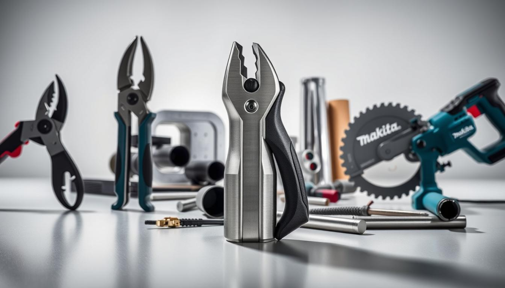 A sleek, high-quality image showcasing the Makita Nibbler in comparison to other metal cutting tools. The Makita Nibbler takes center stage, its robust metal body and precision blades highlighted by dramatic, directional lighting. In the foreground, the Nibbler is flanked by a traditional metal snip and a power saw, emphasizing its compact size and maneuverability. The middle ground features various metal sheets, pipes, and materials, reflecting the Nibbler's versatility in cutting through diverse materials. The background is a clean, minimalist setting, allowing the tools to be the focal point. The overall mood is professional, technical, and emphasizes the Makita Nibbler's superior performance and design compared to traditional metal cutting solutions.