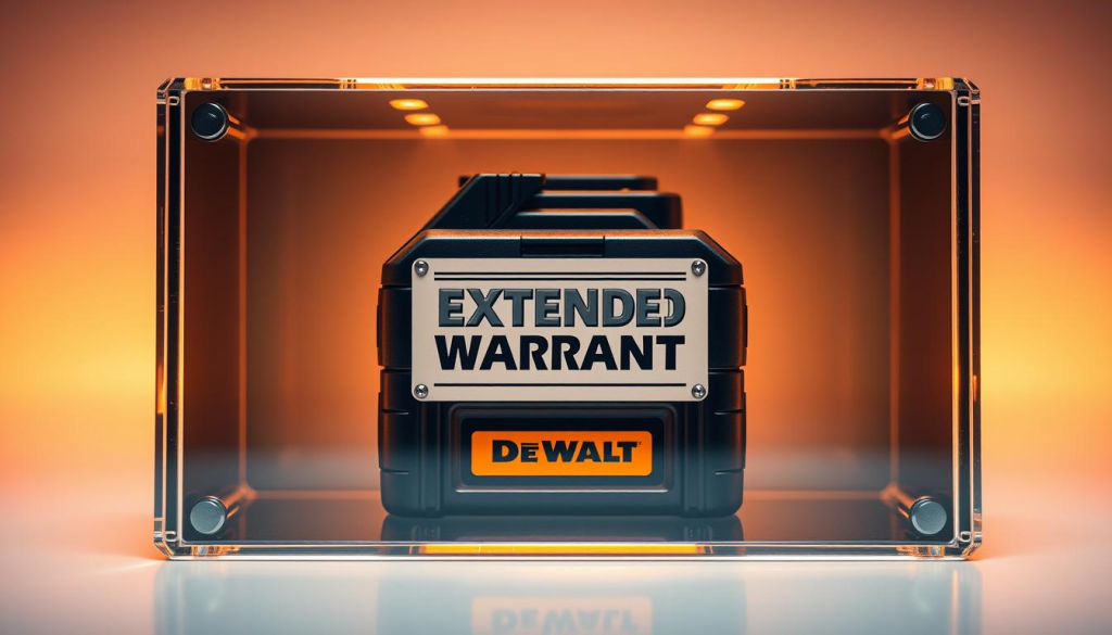 A sleek, high-resolution image of a DeWalt battery encased in a transparent glass display case, with a prominent "Extended Warranty" label affixed to the front. The battery is illuminated by warm, soft lighting, creating a sense of quality and durability. The background features a clean, minimalist design, with a subtle gradient or texture to provide visual interest. The overall composition emphasizes the battery's key features and the extended warranty offer, conveying a message of reliability and customer assurance.