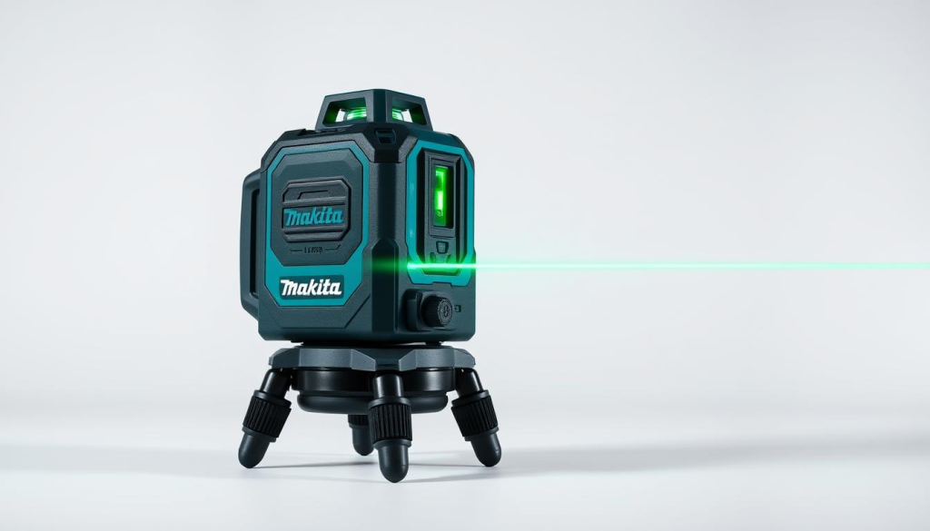 A sleek, industrial-grade Makita self-leveling laser, meticulously detailed against a clean, white background. The device sits atop a sturdy, matte-finished tripod, casting a crisp, green laser beam that cuts through the scene. The laser's housing features a rubberized grip and precision controls, exuding a sense of durability and professional-grade quality. Subtle shadows and reflections accentuate the tool's angular, modern design, while soft, diffused lighting creates a minimalist, contemporary atmosphere. The overall composition showcases the Makita laser's key features - its self-leveling capabilities, robust construction, and advanced functionality - making it the perfect tool for DIY enthusiasts and construction professionals alike.