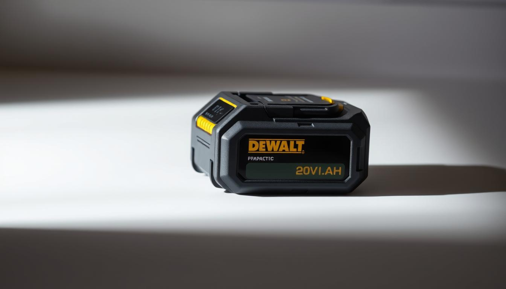 A sleek, metallic DEWALT 20V battery pack, 4Ah capacity, resting on a clean, smooth surface with a soft, ambient lighting. The battery's sturdy, angular design is clearly visible, with its iconic yellow and black color scheme. The frame casts a subtle shadow, adding depth and dimensionality to the image. The background is blurred, creating a focus on the battery itself, which is the central subject. The overall mood is one of precision, reliability, and high-quality craftsmanship, reflecting the DEWALT brand's reputation for durable, professional-grade power tools.
