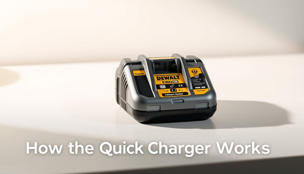 A sleek, metallic DEWALT lithium-ion charger sits on a clean, minimalist desk. The charger's distinct yellow and black color scheme stands out against the neutral background. The front panel features clear indicators and controls, showcasing its advanced charging technology. Soft, directional lighting illuminates the charger, emphasizing its modern, functional design. The image is captured from a slightly elevated angle, highlighting the charger's compact and efficient form factor. The overall scene exudes a sense of professionalism and efficiency, aligning with the "How the Quick Charger Works" section of the article.
