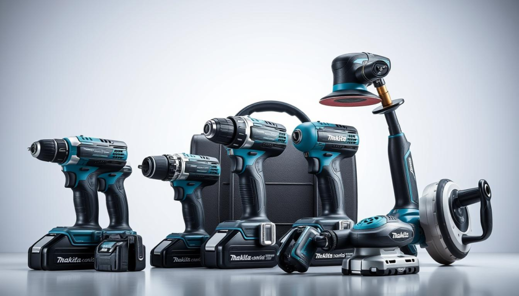 A sleek, metallic Makita power tool set, meticulously arranged against a clean, modern backdrop. Soft, directional lighting highlights the precision engineering and innovative design of each tool, from the cordless drill to the orbital sander. The tools are positioned to showcase their key features, their surfaces gleaming with a professional, high-quality sheen. The overall composition conveys a sense of reliability, durability, and the brand's commitment to craftsmanship - qualities that exemplify the benefits of investing in Makita products.