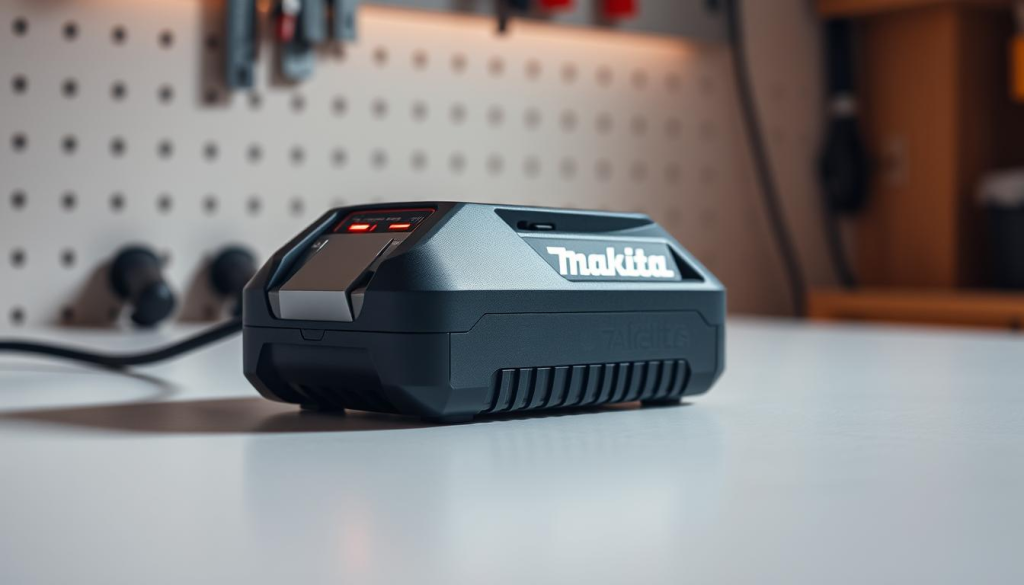 A sleek, modern 18V Makita battery charger sitting on a clean, minimalist workbench. The charger's body is constructed of durable grey and black plastic, with prominent indicator lights showcasing the charging status. A warm, directional light illuminates the scene, casting subtle shadows and highlighting the charger's angular design. The image is captured from a slightly elevated perspective, creating a sense of simplicity and functionality. The background is blurred, keeping the focus on the charger's intuitive user interface and its ability to efficiently charge Makita's reliable 18V battery packs.