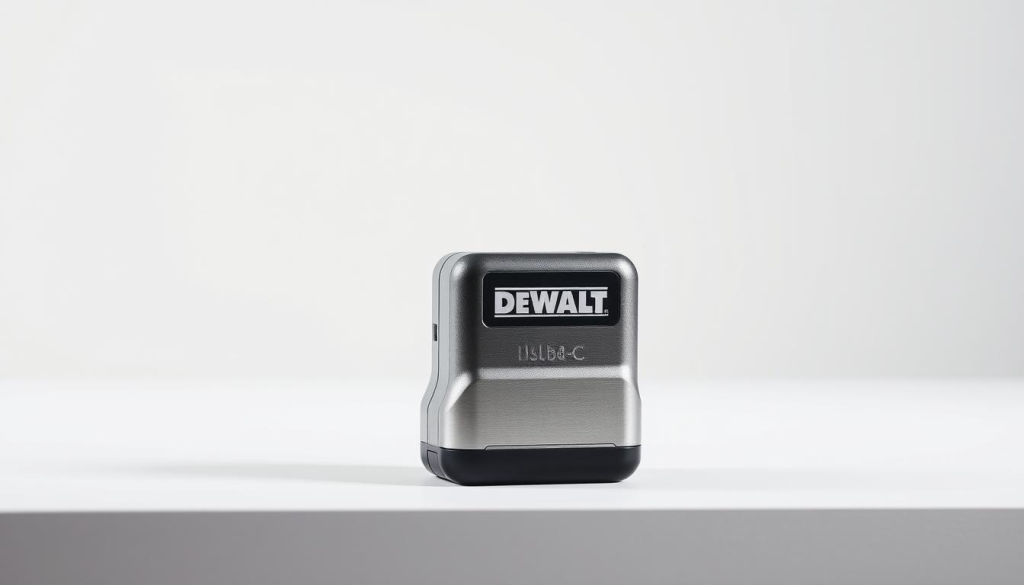 A sleek, modern DEWALT USB-C charger set against a clean, minimalist backdrop. The charger is positioned prominently in the foreground, its metallic casing gleaming under soft, directional lighting. The mid-ground features a simple, white background, allowing the charger to be the focal point. The background subtly fades into a soft, neutral gradient, creating a sense of depth and focus. The overall mood is one of sophistication and functionality, reflecting the high-quality and reliable nature of the DEWALT brand.