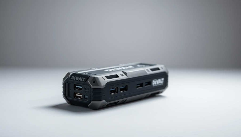 A sleek, modern DEWALT USB power bank rests on a clean, minimalist surface. The device is presented in a well-lit, high-quality studio setting, with a soft, directional lighting that casts subtle shadows and highlights its brushed metal and rugged construction. The power bank is positioned at a slight angle, showcasing its various ports and buttons. The background is a simple, neutral color that allows the product to be the focal point, emphasizing its technical capabilities and practical design. The overall mood is one of professionalism, functionality, and attention to detail - reflecting the DEWALT brand's reputation for high-quality, durable tools and accessories.