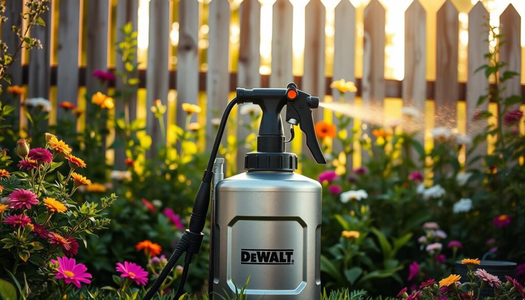 A sleek, modern DEWALT yard sprayer stands proudly in a lush, verdant garden, its metallic body catching the soft, warm light of the afternoon sun. The sprayer's nozzle is poised, ready to deliver a precise, targeted stream of nourishing liquid to the vibrant flowers and lush foliage surrounding it. In the background, a picturesque wooden fence frames the scene, adding a touch of rustic charm. The overall composition exudes a sense of efficiency, effectiveness, and the perfect balance of form and function, perfectly capturing the benefits of using a high-quality yard sprayer to upgrade and maintain a beautiful outdoor space.