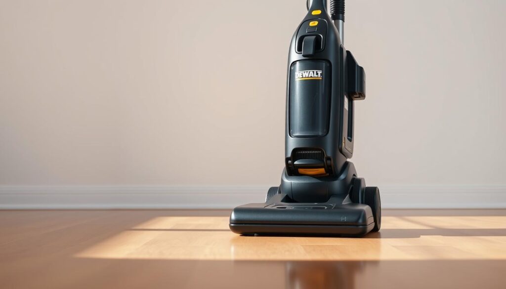 A sleek, modern DeWalt upright vacuum stands in a brightly lit room, casting a sharp, high-contrast shadow on the clean hardwood floor. The device is displayed at a slight angle, revealing its sturdy construction and powerful suction mechanism. Carefully positioned lighting highlights the vacuum's matte black finish and chrome accents, conveying a sense of industrial strength and efficiency. The background is softly blurred, allowing the viewer to focus solely on the vacuum's impressive performance capabilities.