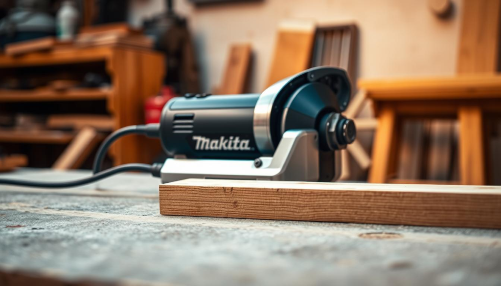 A sleek, modern Makita belt sander rests on a workbench, its brushed metal casing gleaming under warm, directional lighting. The belt spins smoothly, showcasing its powerful motor and precision engineering. In the foreground, a wooden plank awaits sanding, its rough surface ready to be transformed by the sander's abrasive belt. The background fades into a softly blurred workshop, hinting at the versatility of this versatile power tool. The overall scene exudes a sense of professional craftsmanship and the confidence that comes from using a high-quality Makita belt sander.