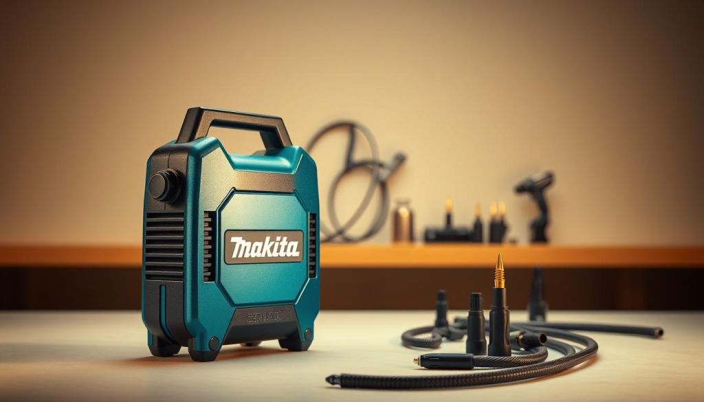 A sleek, modern Makita inflator stands prominently in the foreground, its metallic blue and black casing gleaming under warm studio lighting. The mid-ground reveals the inflator's various hoses and nozzles, showcasing its versatility for a range of inflation tasks, from car tires to sports equipment. The background subtly fades into a clean, minimalist workspace, emphasizing the Makita's utility and integration into a professional or home environment. The overall scene conveys the inflator's powerful yet compact design, making it an ideal choice for discerning users seeking a reliable, high-performance air compressor.