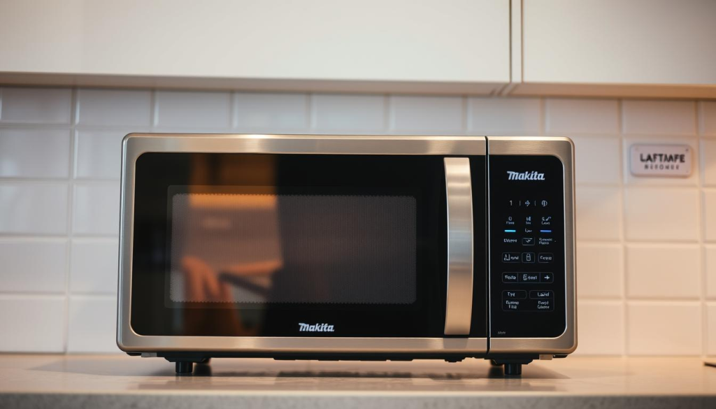 A sleek, modern Makita microwave oven sits prominently on a kitchen countertop, its clean lines and stainless steel finish reflecting the soft, warm lighting overhead. The microwave's control panel is clearly visible, showcasing an array of intuitive cooking functions like defrosting, reheating, and different power levels, all illuminated by subtle blue indicator lights. In the background, a pristine white kitchen wall provides a minimalist backdrop, allowing the microwave's features to take center stage. The entire scene is captured with a shallow depth of field, creating a sense of focus and emphasis on the Makita microwave's versatile cooking capabilities.