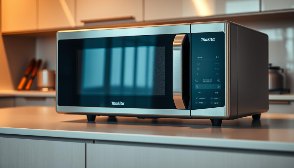 A sleek, modern Makita microwave with a minimalist design, resting on a pristine kitchen countertop. The stainless steel exterior gleams under warm, directional lighting, casting soft shadows that accentuate its clean lines and angular features. The microwave is positioned as the focal point, with the background subtly blurred to draw the eye towards its elegant form. The scene conveys a sense of effortless sophistication, hinting at the appliance's advanced capabilities and seamless integration into a well-designed, contemporary kitchen.