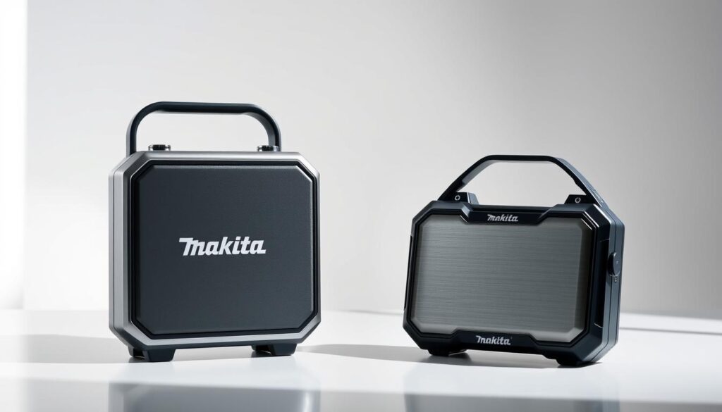 A sleek, modern comparison of two Makita Bluetooth speakers, showcased against a minimalist white background. The speakers are positioned side-by-side, their metallic bodies gleaming under crisp, directional lighting that casts dramatic shadows. One speaker is the larger, more powerful model, while the other is the compact, portable version. The scene is captured from a slightly elevated angle, allowing the viewer to appreciate the speakers' distinct designs and sizes. The overall mood is clean, professional, and focused, inviting the audience to closely examine the nuanced differences between these two Makita audio powerhouses.