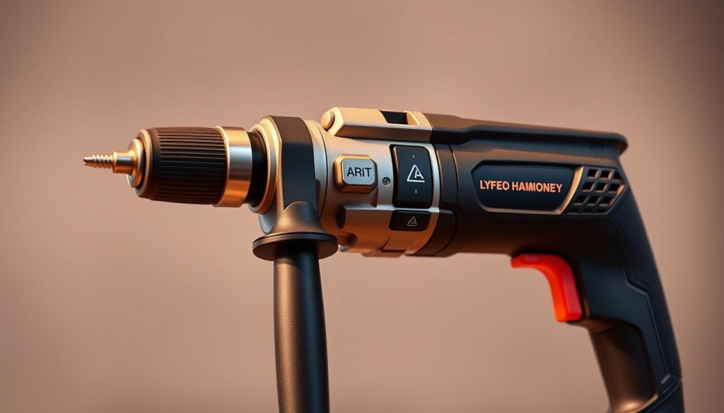 A sleek, modern cordless hammer drill with an ergonomic, user-friendly design. The drill features a contoured grip and a lightweight, balanced body for comfortable, fatigue-free use. Soft-touch accents on the handle provide a secure, non-slip grip. The control panel is intuitively laid out with clear, easy-to-read buttons and indicators. Subtle metallic accents lend a premium, high-quality aesthetic. Warm, directional lighting highlights the drill's clean lines and attention to detail. The image is captured from a low, three-quarter angle to showcase the drill's thoughtful, ergonomic form factor.