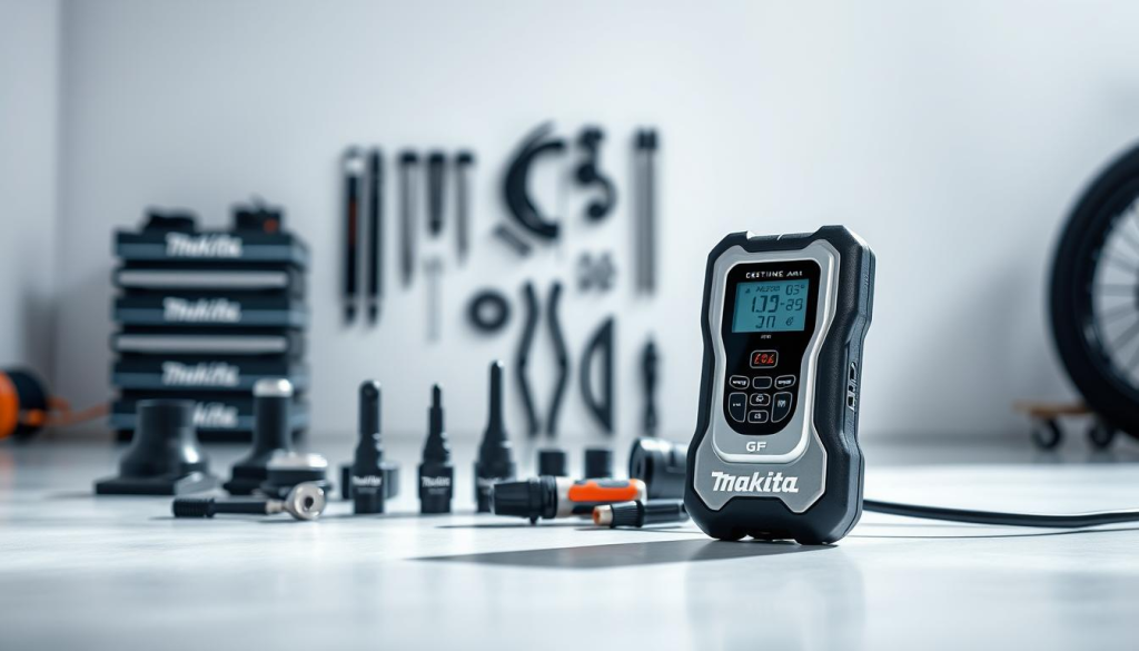 A sleek, modern digital tire inflator set against a bright, minimalist background. In the foreground, the inflator's metallic body gleams, its intuitive digital display and ergonomic design inviting interaction. The middle ground features a neatly arranged selection of Makita-branded accessories, highlighting the versatility of the device. In the background, a softly blurred, clean-lined environment suggests a well-equipped workshop or garage, emphasizing the inflator's practical, professional-grade qualities. The lighting is crisp and directional, casting subtle shadows that accentuate the inflator's clean lines and technological aesthetic. The overall mood is one of efficiency, precision, and a seamless user experience, reflecting the benefits of the Makita tire inflator.