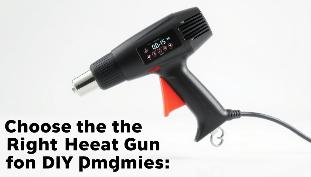 A sleek, modern heat gun with various temperature settings displayed in a clear, well-lit environment. The gun is positioned prominently in the foreground, with the different temperature levels clearly visible on the digital display. The background is clean and uncluttered, allowing the heat gun to be the central focus. The lighting is soft and even, creating a professional, technical atmosphere suitable for an instructional article. The image conveys the precise control and customization options available with this versatile tool, perfectly aligning with the article's focus on choosing the right heat gun for DIY projects.