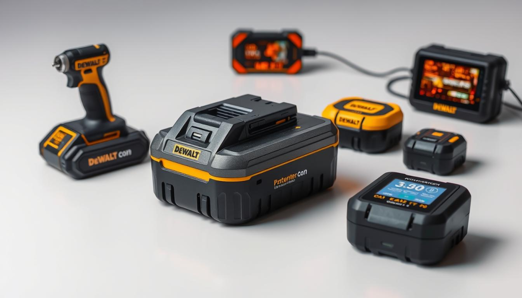 A sleek, modern image of a DEWALT battery pack being tracked and monitored. The battery rests on a clean, white surface, its metallic casing gleaming under soft, directional lighting. Surrounding the battery are various tracking devices and sensors, their digital displays and indicator lights casting a warm, technological glow. The composition is crisp and well-balanced, with a sense of precision and control. The overall mood is one of efficiency, innovation, and the power of connected devices in the world of power tools and construction.