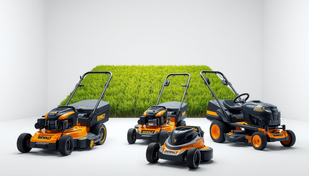 A sleek, modern image showcasing various DEWALT lawn mower types in a well-lit, professional studio setting. In the foreground, three distinct lawn mower models are neatly arranged, allowing for a detailed comparison of their features and designs. The middle ground depicts the mowers in use, cutting pristine green grass under natural lighting. In the background, a minimalist backdrop emphasizes the products, creating a clean and uncluttered composition. The overall mood is one of precision, efficiency, and the high-quality craftsmanship expected from the DEWALT brand. The image aims to provide a comprehensive visual overview of the diverse DEWALT lawn mower offerings to the reader.