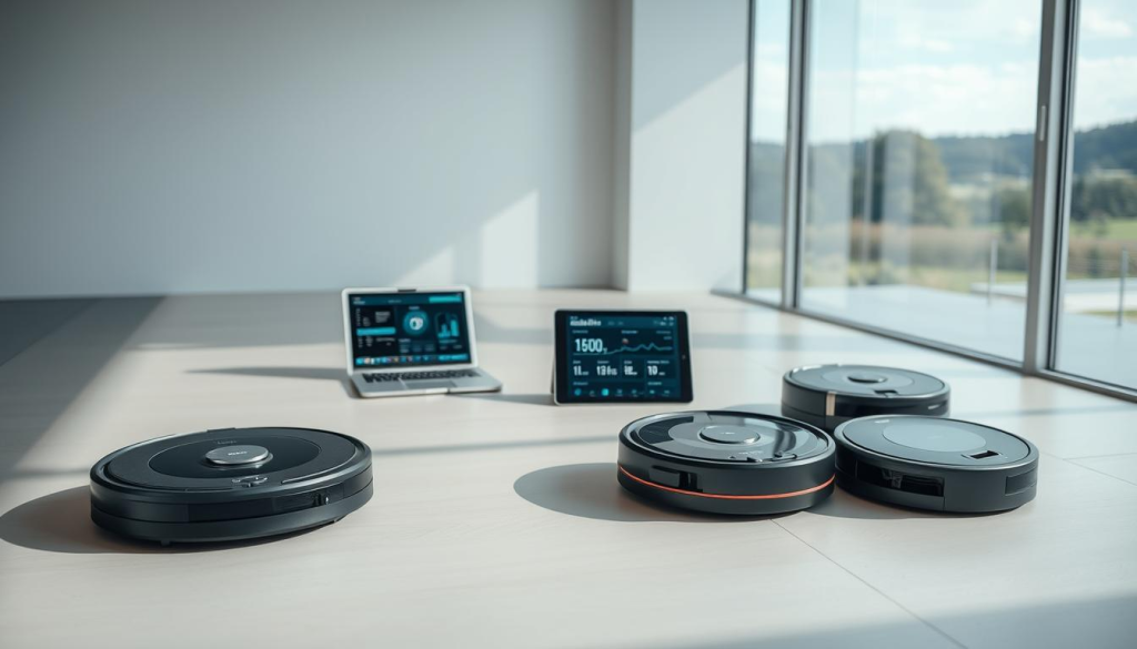A sleek, modern interior setting with ample natural lighting. In the foreground, a Makita robot vacuum cleaner is prominently displayed, its compact design and brushless motor highlighted. Beside it, similar robot vacuums from competing brands are arranged for comparison, showcasing their distinct features and designs. The middle ground features a minimalist workspace, with a laptop and tablet displaying technical specifications and performance metrics. The background features a large window overlooking a serene outdoor landscape, creating a sense of balance and tranquility. The overall mood is one of thoughtful consideration, with the Makita robot vacuum standing out as the centerpiece of this comparative scene.