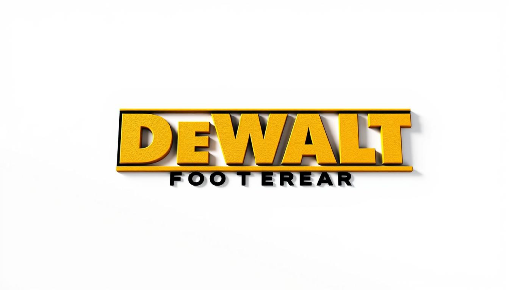 A sleek, modern logo of the DEWALT footwear company, rendered in a high-quality, photo-realistic style. The logo features the iconic DEWALT yellow and black color scheme, with the DEWALT name and power tool symbol prominently displayed. The image is captured against a clean, white background, with soft, directional lighting that accentuates the depth and texture of the logo design. The overall composition is balanced and professional, conveying the rugged, industrial quality of the DEWALT brand.
