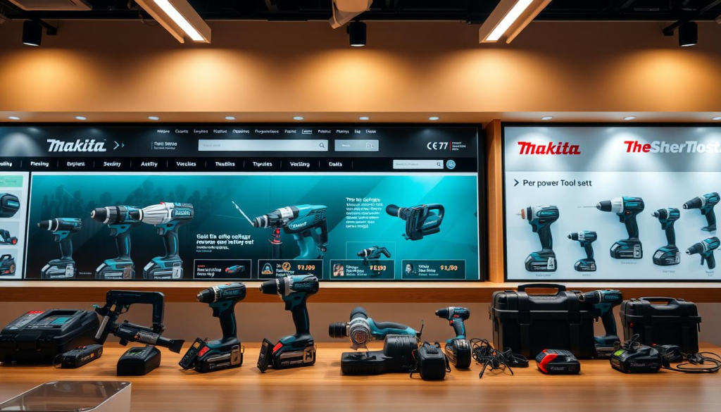 A sleek, modern online store interface displaying a variety of Makita power tool sets in the foreground, with a warm, inviting lighting setup highlighting the tools' premium build quality. The middle ground showcases detailed product images and descriptions, while the background features a clean, minimalist design with subtle product branding. The overall atmosphere conveys a sense of professionalism, reliability, and the high-performance capabilities of the Makita tool sets.