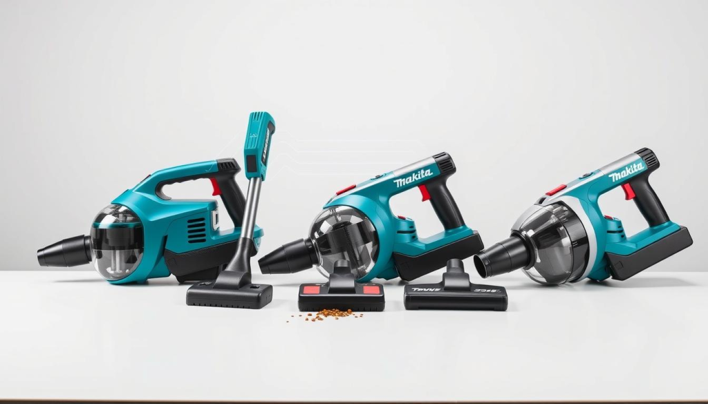 A sleek, modern product comparison showcase featuring three Makita cordless vacuum models positioned side-by-side on a clean, minimalist table. Bright, even studio lighting illuminates the vacuums, highlighting their compact, ergonomic designs and contrasting finishes. In the foreground, the vacuums are displayed at an eye-level angle, allowing viewers to closely inspect their features. The middle ground showcases the vacuums' power and suction capabilities through visual cues, such as airflow lines or debris being lifted. The background is a simple, uncluttered setting, allowing the products to be the sole focus. The overall scene conveys the high performance and cordless convenience of the Makita vacuums in a professional, informative manner.