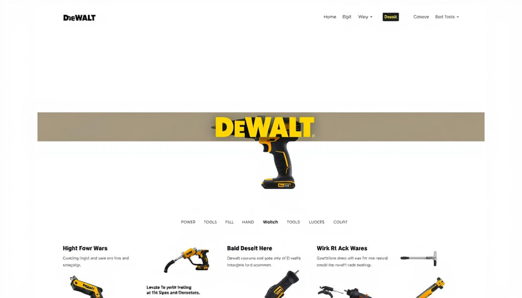 A sleek, modern website layout showcasing the Dewalt brand and product lineup. The home page features a high-resolution hero image of a Dewalt power tool against a clean, white background, with the Dewalt logo prominently displayed. The layout is minimalist and uncluttered, with clear navigation menus and sections highlighting Dewalt's various product categories, such as power tools, hand tools, and accessories. The overall aesthetic conveys a sense of professionalism, quality, and industrial design. Warm, directional lighting illuminates the page, creating depth and highlighting the Dewalt branding. The website is presented from a centered, slightly elevated perspective, giving the viewer a sense of authority and accessibility.