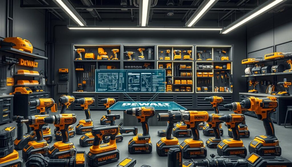 A sleek, modern workshop filled with the latest DEWALT power tools, showcased in a dynamic, futuristic setting. In the foreground, an array of innovative cordless tools with advanced features and bold, angular designs. In the middle ground, a holographic display projects schematics and specifications, while behind it, a wall of high-tech storage units houses an extensive range of accessories and attachments. Overhead, a minimalist lighting system casts a warm, focused glow, creating an atmosphere of cutting-edge technology and precision engineering. The scene evokes a sense of excitement and anticipation for the future of DEWALT's tool lineup.