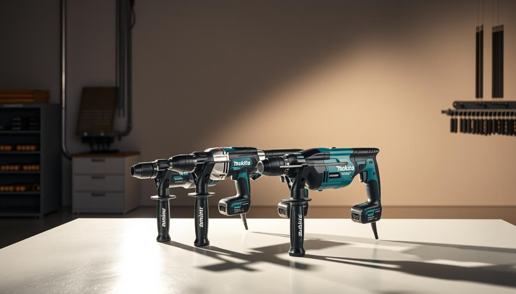 A sleek, modern workshop setting with a well-lit display of three distinct Makita rotary hammers, each showcasing their unique features and capabilities. The hammers are placed on a clean, reflective surface, allowing for a clear comparison of their designs, sizes, and power outputs. Dramatic backlighting casts dramatic shadows, emphasizing the tools' robust construction and engineering. The overall atmosphere is one of professional precision, inviting the viewer to closely examine and appreciate the differences between these Makita rotary hammer models.