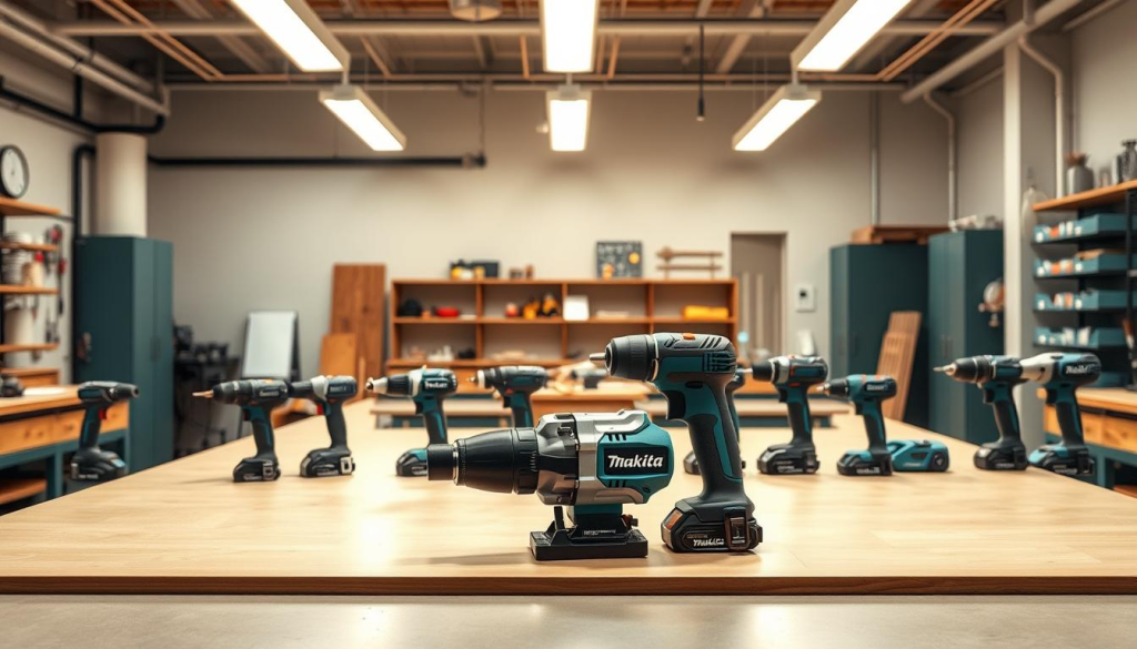 A sleek, modern workshop setting with a well-lit, spacious workbench. In the foreground, place the Makita XGT power tool, showcasing its premium design and advanced features. In the middle ground, arrange a selection of competing brands' tools in a side-by-side comparison, highlighting the performance and ergonomic differences. The background should feature clean, minimalist decor with industrial-style lighting, casting a warm, professional atmosphere. Emphasize the tools' intricate details, materials, and technological advancements through precise, high-resolution rendering. The overall composition should convey the Makita XGT's superior performance and capabilities compared to its competitors.