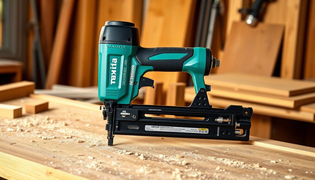 A sleek, professional-grade Makita cordless framing nailer, its vibrant green body gleaming under warm, diffused lighting. The tool rests on a wooden workbench, surrounded by scattered sawdust and construction materials, conveying a sense of active use in a workshop setting. The nailer's ergonomic grip and intuitive controls are showcased, inviting the viewer to imagine its seamless integration into a skilled carpenter's workflow. The image exudes a sense of power, efficiency, and reliability - essential qualities for a tool trusted by professionals in the construction industry.