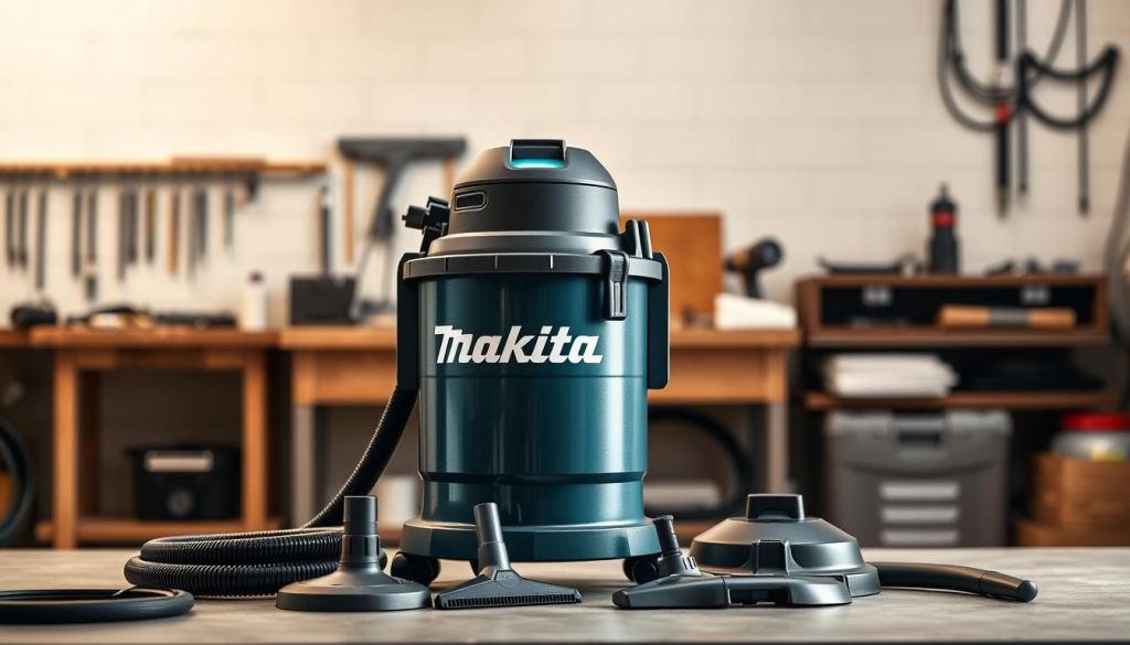 A sleek, professional-grade Makita shop vacuum stands prominently against a clean, well-lit workshop backdrop. The machine's sturdy, powder-coated metal construction and ergonomic design are highlighted, conveying its robust, durable nature. Soft, diffused lighting illuminates the various attachments and accessories neatly organized around the vacuum, showcasing its versatility. The scene exudes a sense of efficiency, attention to detail, and the high-quality craftsmanship that Makita is known for, making it an ideal choice for discerning workshop owners and DIY enthusiasts.