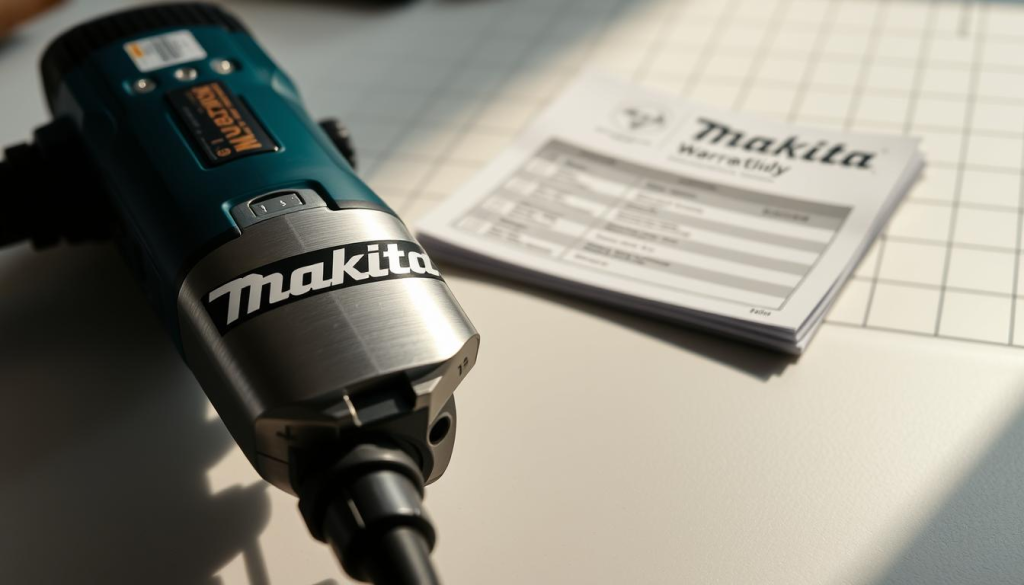 A sleek, professional-grade power tool resting on a clean, well-lit workspace. In the foreground, the iconic Makita logo and brand colors command attention. The tool's brushed metal housing and ergonomic design convey quality and durability. In the middle ground, a set of instruction manuals and warranty documentation neatly arranged, hinting at the claim process. The background features a subtle grid or checklist pattern, suggesting a structured, organized approach to problem-solving. Soft, directional lighting from the side casts subtle shadows, creating depth and a sense of careful consideration. The overall mood is one of confidence, competence, and a commitment to customer satisfaction.