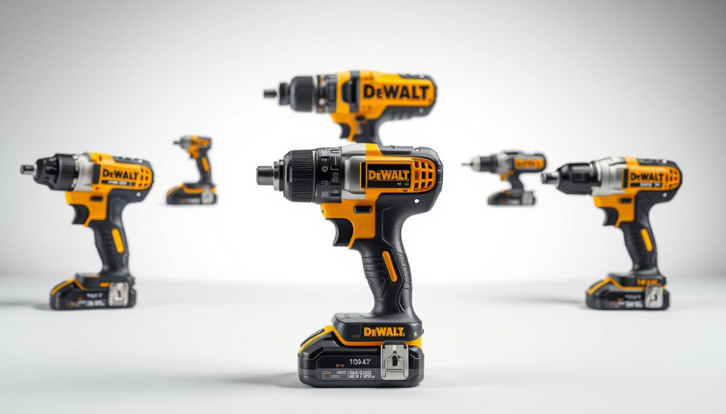 A sleek, professional product display showcasing a selection of top-of-the-line impact drivers from leading tool brands. The foreground features the DeWalt 1/4" impact driver, its metallic body gleaming under crisp studio lighting. Flanking it are comparable models from rival manufacturers, each highlighted in a clean, minimalist arrangement that emphasizes their key specifications and distinguishing features. The middle ground is bathed in a soft, neutral backdrop, allowing the tools to take center stage. The overall composition exudes a sense of precision, quality, and technical prowess, inviting the viewer to closely examine and compare the capabilities of these premium power tools.