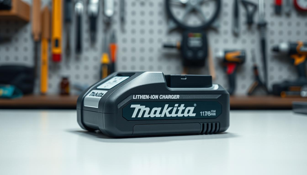 A sleek, silver-and-black Makita lithium-ion battery charger rests on a clean, minimalist desk. Soft, even lighting from above casts a gentle glow, accentuating the charger's modern, angular design and the textured surface of the Makita logo. The charger stands prominently in the middle ground, with a blurred background of neatly organized tools and workshop accessories, hinting at its practical, professional-grade purpose. The overall mood is one of efficiency, reliability, and the seamless integration of power tool technology into the modern workspace.