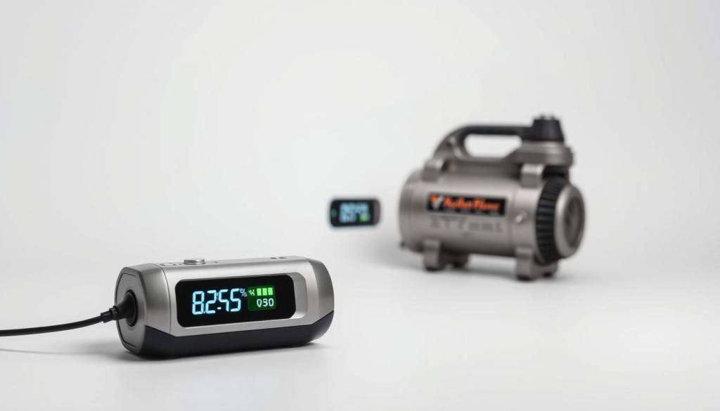 A sleek, silver cordless air compressor sits prominently in the foreground, its battery indicator illuminated to show the remaining charge. The compressor is set against a clean, white background, creating a minimalist and professional atmosphere. Soft, directional lighting casts subtle shadows, highlighting the device's contours and metallic finish. In the middle ground, a digital display shows the battery life percentage, providing a clear, at-a-glance indication of the compressor's power level. The overall scene conveys a sense of utility, efficiency, and the reliable performance of the cordless air compressor.