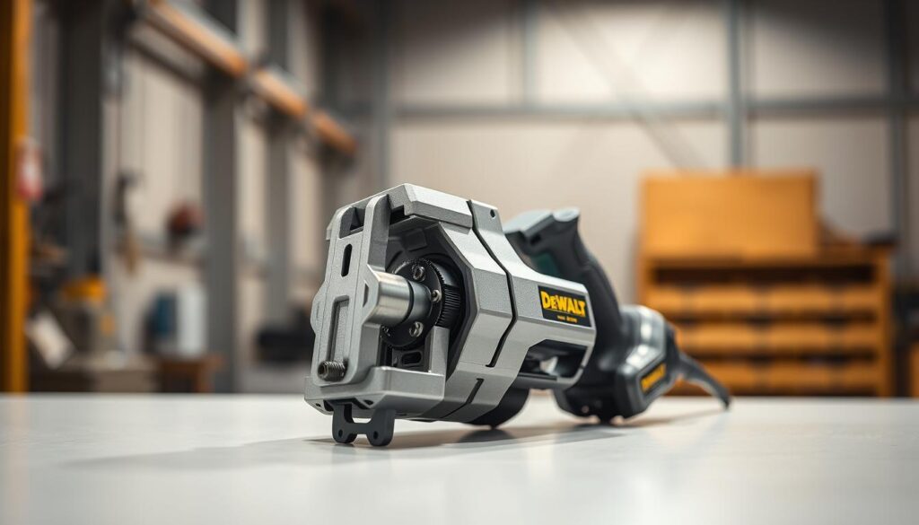 A sleek, silver-toned power tool rests on a clean, white surface, its sturdy frame and angular design exuding a sense of precision and power. Bright, directional lighting illuminates the Dewalt 007's intricate details, capturing the smooth textures of its metallic components and the bold, industrial-inspired aesthetic. The tool's ergonomic grip and strategically placed controls are clearly visible, hinting at its advanced functionality and user-friendly design. In the background, a subtle, blurred industrial setting provides a contextual backdrop, emphasizing the Dewalt 007's role as a professional-grade power solution. The overall composition conveys a sense of technical excellence and modern, high-performance engineering.