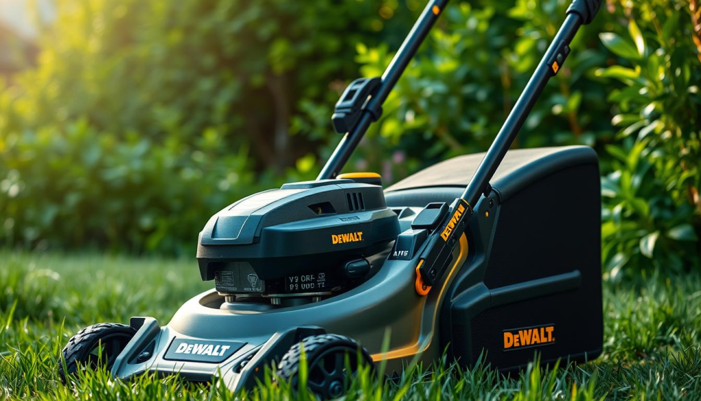 A sleek, well-engineered DEWALT lawn mower standing in a lush, verdant garden, bathed in soft, natural lighting. The mower's sturdy construction and user-friendly features are highlighted, including its ergonomic handle, intuitive controls, and effortless maneuverability. The scene conveys a sense of ease and efficiency, emphasizing the mower's ability to tackle lawn maintenance tasks with minimal effort. The focus is on the mower's thoughtful design and how it seamlessly integrates with the serene, well-manicured outdoor environment.