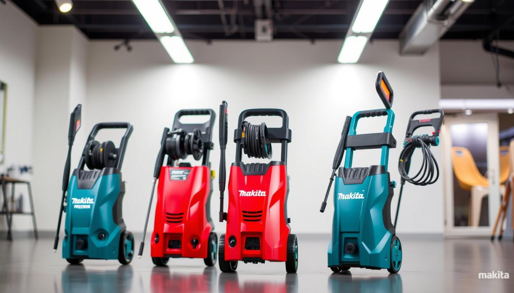 A sleek, well-lit showroom displays three Makita pressure washers in the foreground, each highlighted with a soft, directional light. The mid-ground features a clean, minimalist backdrop, allowing the products to take center stage. In the background, a subtle hint of a home exterior or workshop setting provides context, emphasizing the versatility and practical applications of these pressure washers. The image conveys a sense of quality, efficiency, and the ability to tackle a wide range of cleaning tasks with ease, reflecting the subject of the article and the section title "How to Choose the Right Model".
