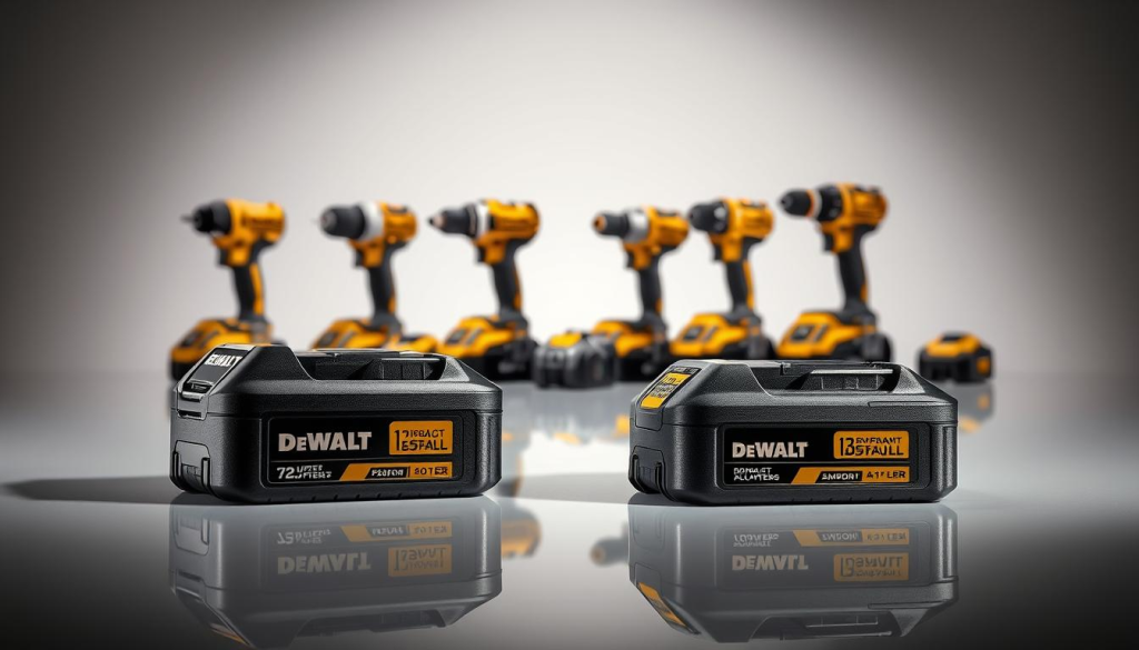 A sleek, well-lit studio scene showcasing a side-by-side comparison of DEWALT power tool batteries. In the foreground, two distinct DEWALT battery packs, one older and one newer model, are displayed on a clean, reflective surface. The batteries are lit from above, casting subtle shadows that accentuate their shapes and textures. In the middle ground, various DEWALT power tools, such as drills and impact drivers, are arranged neatly, highlighting the compatibility and integration of the batteries. The background features a minimalist backdrop, with subtle gradients or patterns that provide a clean, professional look. The overall composition conveys a sense of precision, quality, and technological advancement in DEWALT's battery technology, allowing for an informative and visually compelling comparison.