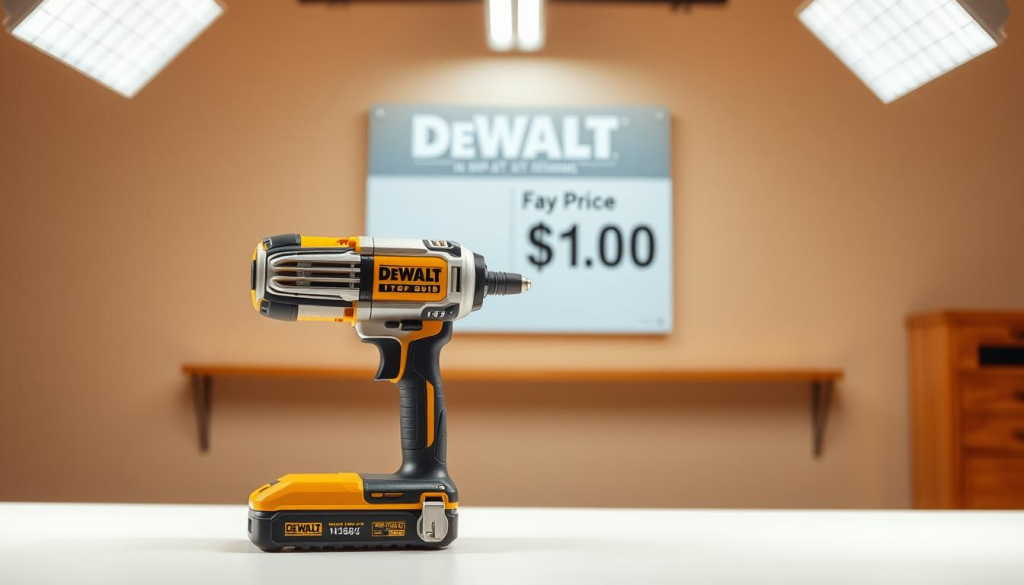 A sleek, well-lit studio setting showcasing a DEWALT impact driver in the foreground. The driver is displayed on a clean, white table or surface, allowing its brushed metal and black accents to stand out. In the middle ground, there is a price tag or digital display prominently featuring the price information. The background is slightly blurred, creating a sense of depth and focus on the main subject. The lighting is warm and balanced, highlighting the driver's features and the price details. The overall composition and styling convey a high-quality, professional product presentation suitable for an informative article section on DEWALT impact driver pricing.