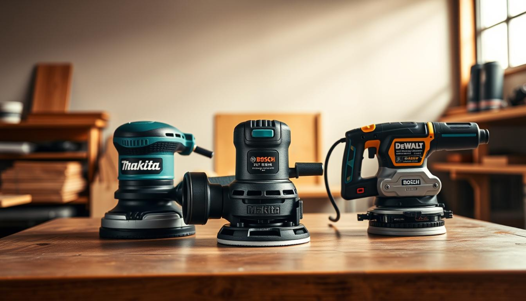 A sleek, well-lit workshop setting with a central table showcasing various types of sanders - a Makita orbital sander, a Bosch belt sander, and a DeWalt random orbital sander. The Makita sander stands out with its distinctive branding and ergonomic design. The other sanders are positioned for easy comparison, their unique features highlighted. The lighting is warm and directional, casting subtle shadows that enhance the textures and materials of the tools. The background features a neutral color palette, allowing the sanders to be the focal point. The overall composition is balanced and visually appealing, inviting the viewer to examine the differences between the brands.