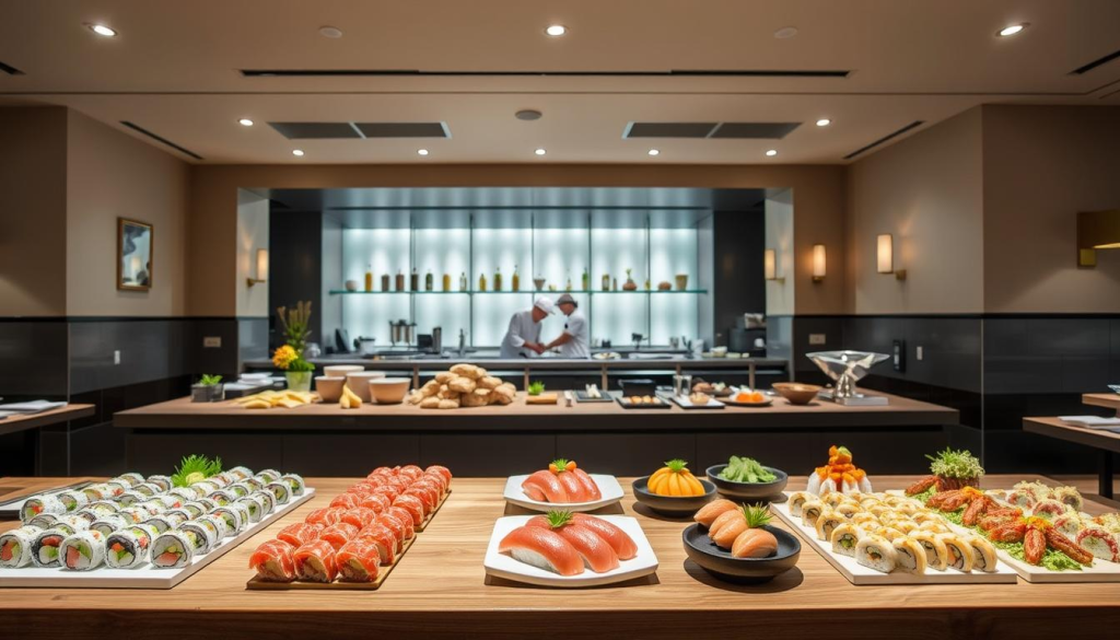 A sophisticated sushi and sashimi bar set against a backdrop of a modern Japanese restaurant interior. In the foreground, an array of freshly prepared sushi rolls and sashimi dishes artfully arranged on a sleek wooden counter, with chefs meticulously crafting each piece. The middle ground features an open kitchen, where the skilled chefs work with precision, creating a captivating culinary performance. The background showcases a minimalist design with clean lines, subtle lighting, and traditional Japanese accents, evoking a calming and refined ambiance. The overall scene exudes a harmonious balance of flavors, textures, and visual aesthetics, capturing the essence of the exceptional Japanese cuisine offered at the Mikata Buffet.
