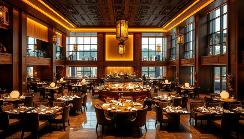 A spacious and inviting interior of Mikata Buffet, bathed in warm, golden lighting that casts a cozy glow across the elegant wooden furnishings. The main dining area features an abundance of plush, comfortable seating arrangements, arranged in a way that promotes a relaxed and sociable atmosphere. The focal point is a grand, centrally-located buffet display, showcasing an impressive array of diverse culinary offerings. Subtle Asian-inspired decor elements, such as intricate hanging lanterns and delicate floral accents, add to the restaurant's distinctive ambiance, effortlessly blending modern and traditional design elements. Large windows allow natural light to filter in, creating a bright and airy ambiance, while strategically placed mirrors enhance the sense of spaciousness. The overall impression is one of elegance, comfort, and a welcoming invitation to indulge in a exceptional dining experience.