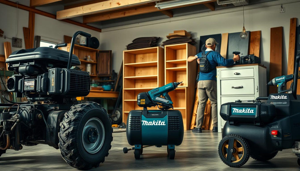 A spacious home workshop filled with Makita air compressors powering various DIY projects. In the foreground, a Makita pancake compressor inflates a tire on a vintage lawnmower, while in the middle ground, a Makita twin stack compressor drives a nail gun assembling a wooden shelving unit. In the background, a Makita portable air compressor sprays paint onto a refurbished cabinet. Warm, natural lighting casts soft shadows, highlighting the compressors' sleek, industrial designs. The atmosphere conveys a sense of productivity and accomplishment, showcasing the versatility of Makita's reliable air compressors in home improvement tasks.