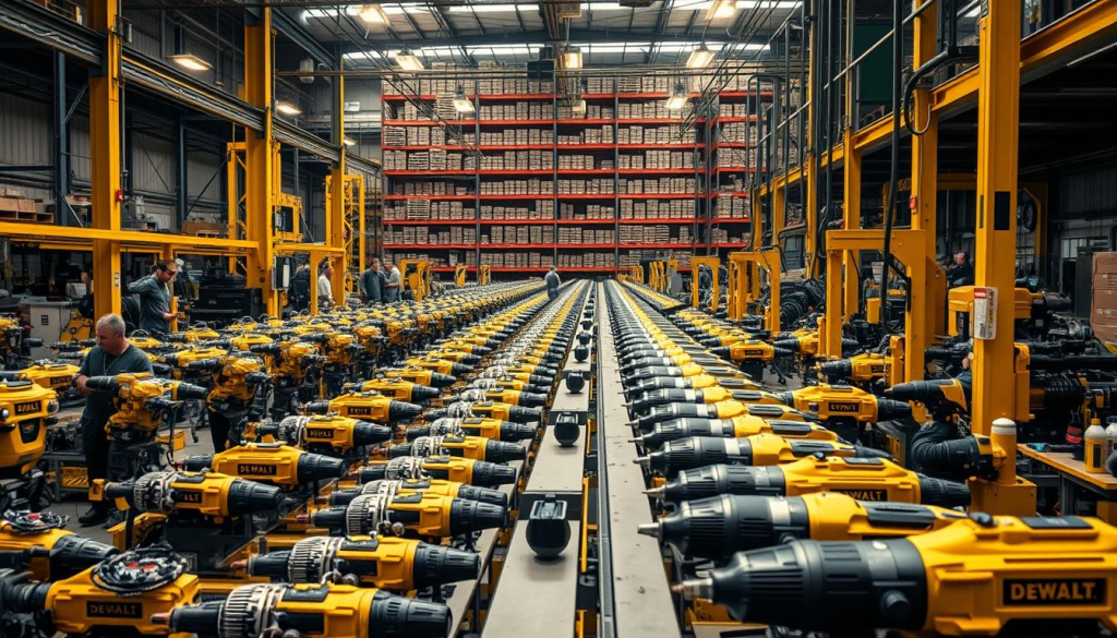 A sprawling DEWALT manufacturing facility, bathed in warm, industrial lighting. Rows of gleaming power tools move along the assembly line, meticulously crafted by skilled technicians. The air is thick with the scent of freshly milled metal and the rhythmic hum of high-precision machinery. In the background, towering shelves store an abundance of components, ready to be transformed into the next generation of DEWALT's renowned power tools. The scene exudes a palpable sense of quality, efficiency, and unwavering dedication to engineering excellence.