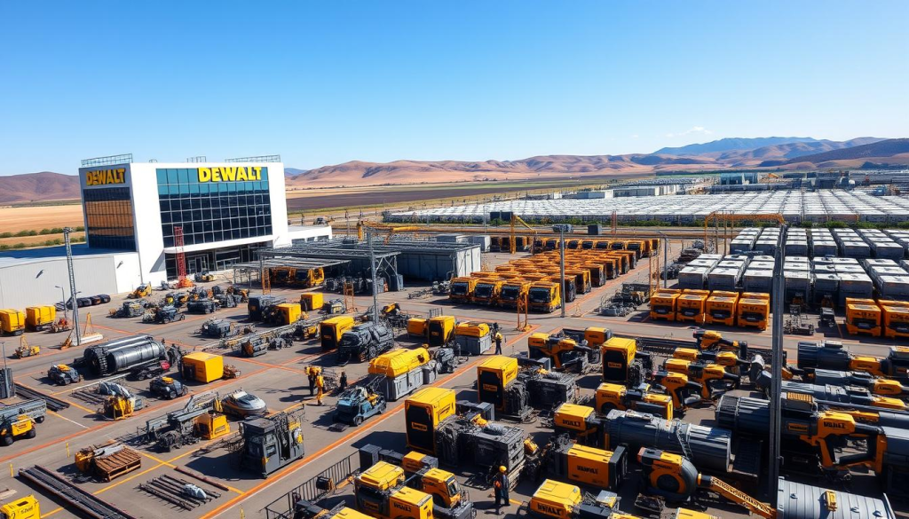 A sprawling DEWALT manufacturing facility, set against a backdrop of rolling hills and a clear blue sky. In the foreground, the main production building stands tall, its clean lines and glass facade reflecting the sunlight. Nearby, workers in bright yellow safety gear move about, overseeing the intricate assembly line processes. The middle ground showcases an array of DEWALT power tools and machinery, their sleek designs and bold orange accents capturing the essence of American industrial prowess. In the distance, a network of interconnected warehouses and distribution centers hint at the global reach of this iconic brand. The overall scene conveys a sense of precision, efficiency, and a deep commitment to quality - the hallmarks of DEWALT's enduring legacy as a maker of tools "Made in the USA."